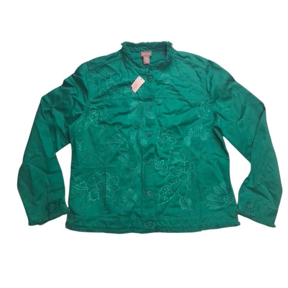 Chicos Green Cotton Linen Embroidered Fringe Jacket Size 2 Large Floral‎ Button